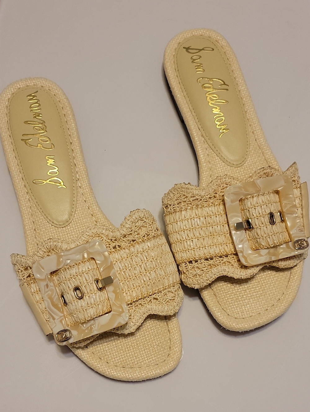 Sam Edelman Raffia Slide Sandals in Beige with Marbled Buckles